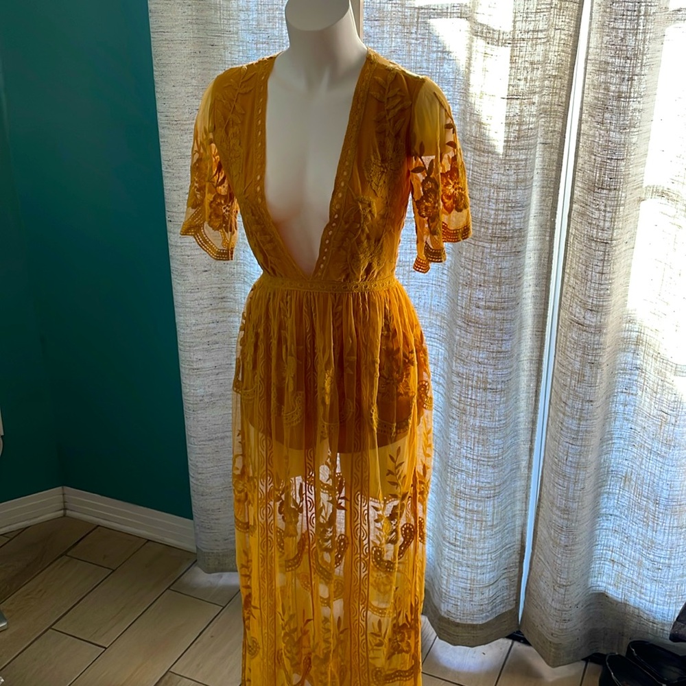 Yellow Lace Maxi Dress with Built-in Romper, Size S